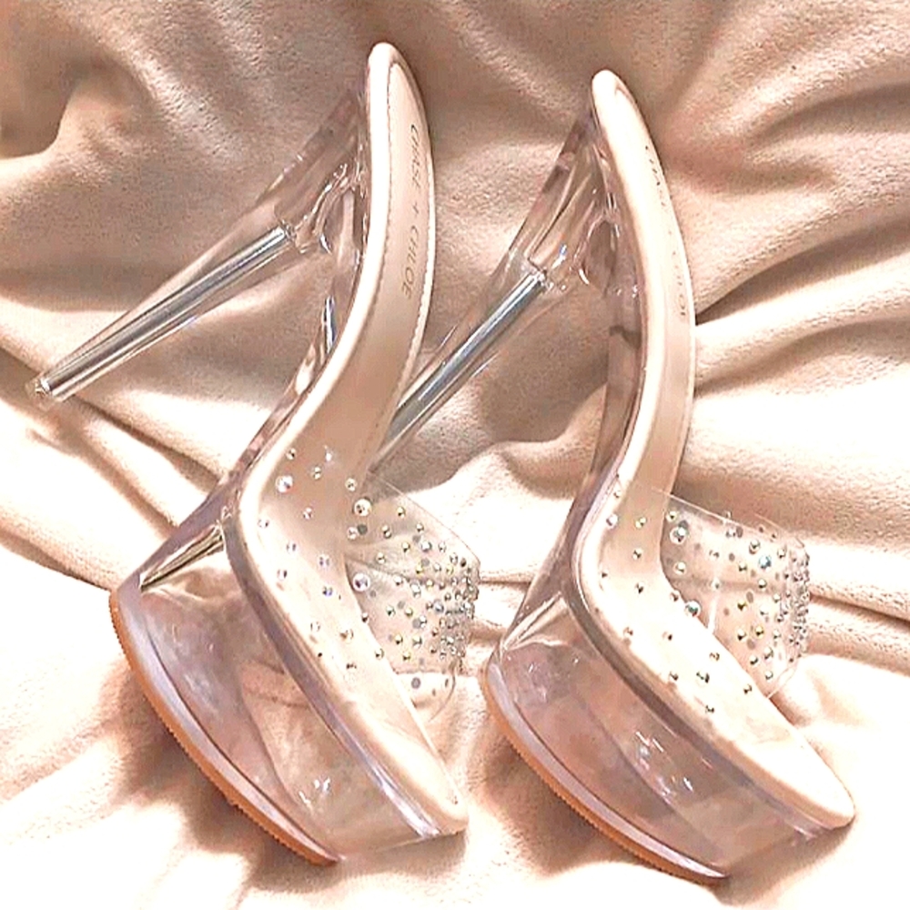 Chase and Clhoe sz 7.5 Woman's Stiletto heels.  Clear strap with studs and clear